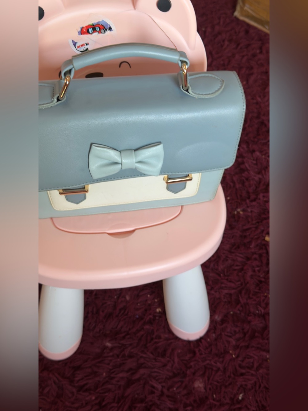 Classic Bow Satchel Handbag in Light Blue and Cream